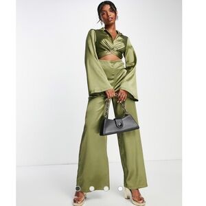 ASOS DESIGN satin collar wrap jumpsuit in olive green NEW